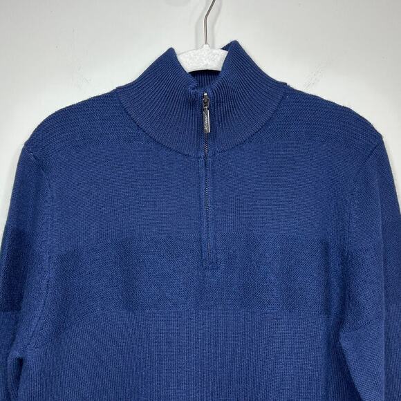 NWT Jeremy Argyle Blue 1/4 Zip Textured Stripe 100% Merino Wool Sweater Sz. S - Picture 2 of 8